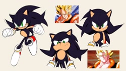 Size: 2048x1164 | Tagged: safe, artist:kolsanart, oc, oc:sonow, hedgehog, 2023, dragon ball z, flat colors, frown, fusion, fusion:shadow, fusion:sonic, grey background, oc only, reference inset, simple background, solo