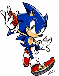 Size: 1583x2048 | Tagged: safe, artist:aeroartwork, sonic the hedgehog, hedgehog, 2018, chaos emerald, clenched teeth, holding something, looking at viewer, signature, simple background, smile, solo, uekawa style, white background