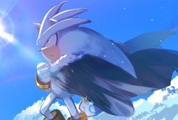 Size: 1480x1000 | Tagged: safe, artist:junjousega, silver the hedgehog, hedgehog, 2025, abstract background, cape, clouds, daytime, frown, looking offscreen, outdoors, solo, standing