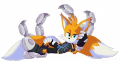 Size: 2048x1080 | Tagged: safe, artist:montyth, miles "tails" prower, nine, fox, sonic prime, 2025, frown, hand on knee, head rest, lidded eyes, looking at viewer, lying down, lying on side, simple background, solo, white background