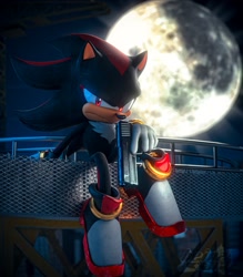 Size: 1792x2048 | Tagged: safe, artist:dokatzo, artist:heinzarts, shadow the hedgehog, hedgehog, 2025, 3d, abstract background, fence, frown, gun, holding something, looking at viewer, moon, nighttime, outdoors, sitting, solo