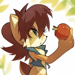Size: 2048x2048 | Tagged: safe, artist:candleyy, sally acorn, 2025, abstract background, apple, food, fruit, looking at something, mouth open, solo, standing