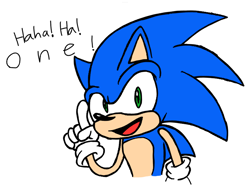 Size: 2048x1536 | Tagged: safe, artist:bluerat17, sonic the hedgehog, hedgehog, 2024, dialogue, english text, flat colors, hahaha one, looking at viewer, meme, pointing, real-time fandub games, simple background, solo, text, white background