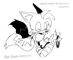 Size: 1138x939 | Tagged: safe, artist:radicalstarring, miles "tails" prower, 2025, black and white, classic tails, cute, english text, eyes closed, looking offscreen, monochrome, ring, simple background, sketch, smile, solo, standing, tailabetes, tails skypatrol, text, white background