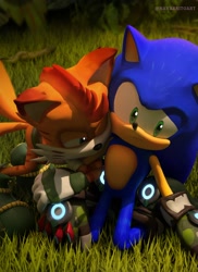 Size: 1491x2047 | Tagged: safe, artist:navarritoart, mangey, miles "tails" prower, sonic the hedgehog, 2025, 3d, abstract background, biting, duo, frown, gay, grass, kneeling, mangey x sonic, outdoors, shipping, show accurate, sonic x tails