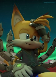 Size: 1491x2048 | Tagged: safe, artist:navarritoart, miles "tails" prower, nine, sonic the hedgehog, sonic prime, 2025, 3d, abstract background, duo, gay, nine x sonic, shipping, show accurate, solo focus, sonic x tails