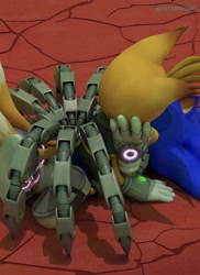 Size: 1491x2047 | Tagged: safe, artist:navarritoart, miles "tails" prower, nine, sonic the hedgehog, 2025, 3d, abstract background, duo, eyes closed, gay, kiss, lying down, lying on them, nine x sonic, shipping, show accurate, sonic x tails