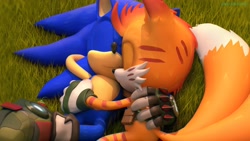Size: 2048x1152 | Tagged: safe, artist:navarritoart, mangey, miles "tails" prower, sonic the hedgehog, 2025, 3d, duo, eyes closed, gay, hand behind head, holding each other, lying down, lying on side, mangey x sonic, shipping, show accurate, smile, snuggling, sonic x tails