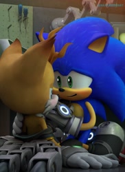 Size: 1491x2048 | Tagged: suggestive, artist:navarritoart, miles "tails" prower, nine, sonic the hedgehog, 2025, 3d, abstract background, assisted exposure, blushing, duo, frown, indoors, kneeling, looking at them, looking away, nine x sonic, shipping, show accurate, signature, sitting, smile, sonic x tails, undressing
