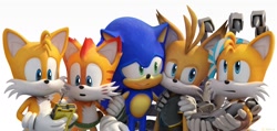 Size: 2048x973 | Tagged: safe, artist:navarritoart, mangey, miles "tails" prower, nine, sails, sonic the hedgehog, sonic prime, 2025, 3d, arm around shoulders, frown, group, holding each other, holding something, looking at something, looking at them, looking away, miles electric, self paradox, simple background, smile, standing, white background