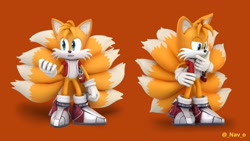 Size: 1920x1080 | Tagged: safe, artist:navarritoart, miles "tails" prower, sonic prime, 2025, 3d, gradient background, kitsune, looking offscreen, prototype, signature, solo, standing