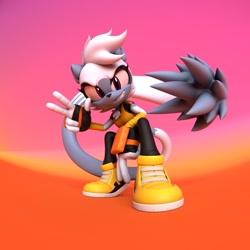 Size: 2048x2048 | Tagged: safe, artist:were_whisp, tangle the lemur, 2025, 3d, crouching, gradient background, smile, smiling at viewer, solo, v sign