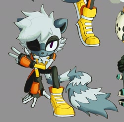Size: 1912x1883 | Tagged: safe, artist:absystmp, tangle the lemur, 2025, backwards v sign, crouching, grey background, hand on ground, simple background, smile, smiling at viewer, solo, v sign, wink, winking at viewer