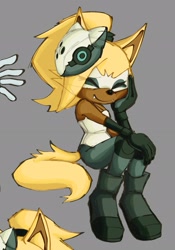 Size: 1431x2048 | Tagged: safe, artist:absystmp, whisper the wolf, 2025, eye clipping through hair, eyes closed, fangs, grey background, hand on knee, head rest, simple background, sitting, smile, solo, tail fluff