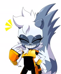 Size: 1707x2048 | Tagged: safe, artist:buddyhyped, tangle the lemur, 2025, clenched teeth, eyes closed, freckles, hand on hip, pointing, signature, simple background, smile, solo, standing, white background