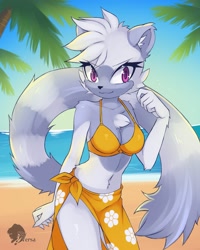 Size: 1639x2048 | Tagged: safe, artist:skyversa, tangle the lemur, 2025, abstract background, alternate outfit, beach, beach outfit, bikini, cleavage, cleavage fluff, clenched fist, daytime, ear fluff, eyebrow clipping through hair, looking at viewer, midriff, ocean, outdoors, palm tree, sand, signature, smile, smiling at viewer, solo, stomach fluff, tree, water