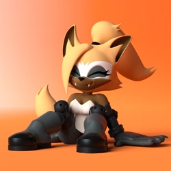 Size: 2048x2048 | Tagged: safe, artist:were_whisp, whisper the wolf, 2025, 3d, eyes closed, fangs, gradient background, hand on ground, sitting, smile, solo