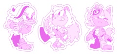 Size: 1000x455 | Tagged: safe, artist:zhampip, dr. starline, tangle the lemur, whisper the wolf, 2025, cute, eye clipping through hair, eyes closed, faux sticker, flat colors, frown, looking offscreen, looking up, monochrome, outline, pink, simple background, smile, trio, white background