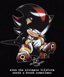 Size: 1688x2048 | Tagged: safe, artist:mamonoworld, shadow the hedgehog, 2025, black background, cigarette, classic shadow, english text, frown, holding something, looking at viewer, outline, simple background, smoking, solo, text, ultimate lifeform