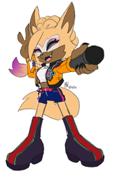 Size: 507x768 | Tagged: safe, artist:little_rstory, whisper the wolf, 2025, claws, cosplay, crossover, crossover cosplay, dyed hair, eyes closed, fangs, flat colors, holding something, k-pop demon hunters, microphone, open smile, rumi (k-pop demon hunters), signature, simple background, smile, solo, standing, white background