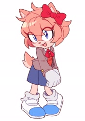 Size: 1441x2048 | Tagged: safe, artist:over_x6, chipmunk, 2025, barely sonic related, blushing, crossover, cute, doki doki literature club, eye clipping through hair, mobianified, mouth open, open smile, sayori (doki-doki), schoolgirl outfit, simple background, smile, smiling at viewer, solo, white background