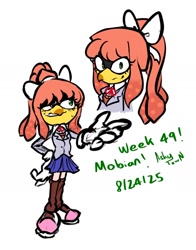 Size: 1352x1723 | Tagged: safe, artist:ashytown_, 2025, barely sonic related, doki doki literature club, flat colors, hand on hip, looking at viewer, looking offscreen, mobianified, monica (doki-doki), schoolgirl outfit, simple background, sketch, smile, solo, squid, standing, text, white background