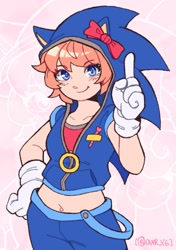 Size: 1444x2048 | Tagged: safe, artist:over_x6, sonic the hedgehog, human, 2025, barely sonic related, belly button, blushing, bow, cosplay, crossover cosplay, doki doki literature club, eye clipping through hair, eyebrow clipping through hair, hand on hip, kigurumi, midriff, pointing, sayori (doki-doki), signature, smile, smiling at viewer, solo, standing