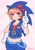 Size: 1444x2048 | Tagged: safe, artist:over_x6, sonic the hedgehog, human, 2025, barely sonic related, belly button, blushing, bow, cosplay, crossover cosplay, doki doki literature club, eye clipping through hair, eyebrow clipping through hair, hand on hip, kigurumi, midriff, pointing, sayori (doki-doki), signature, smile, smiling at viewer, solo, standing