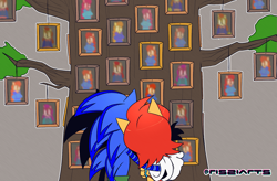 Size: 1709x1118 | Tagged: safe, artist:risziarts, sally acorn, sonic the hedgehog, chipmunk, hedgehog, au:sonic world travel, blue power pattern, celebration, cyan power pattern, family tree, sally x sonic, straight, tree
