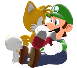 Size: 750x665 | Tagged: safe, artist:icelucario20xx, miles "tails" prower, fox, human, 3d, crossover, cute, duo, hugging, looking at each other, luigi, male, simple background, super mario bros., tailabetes, transparent background