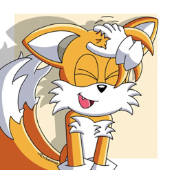Size: 750x739 | Tagged: artist needed, safe, miles "tails" prower, fox, human, chest fluff, disembodied hand, fangs, gloves, head pat, male, petting, solo focus, tailabetes
