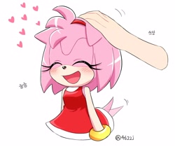 Size: 2048x1721 | Tagged: artist needed, safe, amy rose, hedgehog, human, amybetes, clothes, cute, disembodied hand, dress, female, happy, head pat, heart, petting, skirt, tail wagging