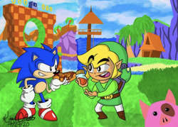 Size: 1047x750 | Tagged: artist needed, safe, sonic the hedgehog, hedgehog, green hill zone, chili dog, classic sonic, crossover, food, hot dog, link, loop, nintendo, outset island, pig, potion, ring, rings, the legend of zelda, toon link, wind waker