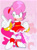 Size: 1600x2146 | Tagged: safe, artist:cerberustheterrible, amy rose, echo background, female, gradient background, looking offscreen, mouth open, obtrusive watermark, open smile, pink background, pointing, redesign, smile, solo, watermark