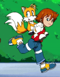 Size: 262x336 | Tagged: safe, chris thorndyke, miles "tails" prower, fox, human, animated, chrisabetes, duo, happy, male, running, screencap, sonic x, tailabetes