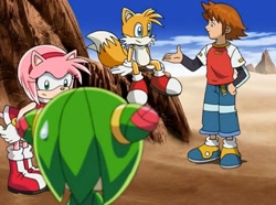 Size: 752x560 | Tagged: safe, amy rose, chris thorndyke, cosmo the seedrian, miles "tails" prower, fox, hedgehog, human, seedrian, clothes, female, male, screencap, sonic x, sweatdrop