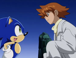 Size: 993x750 | Tagged: safe, chris thorndyke, sonic the hedgehog, hedgehog, human, clothes, duo, looking at each other, male, screencap, sonic x
