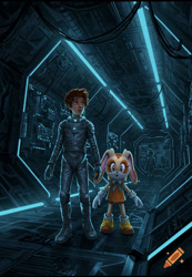 Size: 750x1082 | Tagged: safe, ai art, artist:mobians.ai, chris thorndyke, cream the rabbit, human, rabbit, duo, female, hallway, high tech, looking at viewer, male, older, older chris, scared, spacesuit
