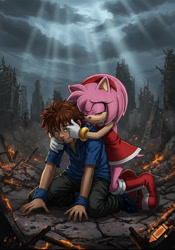 Size: 750x1072 | Tagged: semi-grimdark, ai art, artist:mobians.ai, amy rose, chris thorndyke, aftermath, chrislove, comforting, crying, fire, hug, post apocalyptic, rubble, ruins, tears