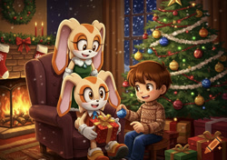 Size: 1064x750 | Tagged: safe, ai art, artist:mobians.ai, chris thorndyke, cream the rabbit, vanilla the rabbit, human, rabbit, best friends, chair, chrisabetes, christmas, christmas stocking, christmas sweater, christmas tree, creamabetes, cute, family, female, fire, fireplace, happy, heartwarming, male, ornament, present, sitting, vanillabetes, wholesome