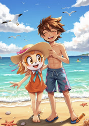 Size: 750x1067 | Tagged: safe, ai art, artist:mobians.ai, chris thorndyke, cream the rabbit, human, rabbit, beach, chream, chrisabetes, creamabetes, cute, male, ocean, seagull, shipping, starfish, straight, swimsuit, water
