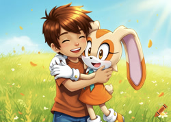 Size: 1055x750 | Tagged: safe, ai art, artist:mobians.ai, chris thorndyke, cream the rabbit, rabbit, best friends, child, chrisabetes, creamabetes, cuddling, cute, female, happy, hug, human on mobian snuggling, male