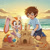 Size: 746x750 | Tagged: safe, ai art, artist:mobians.ai, chris thorndyke, cream the rabbit, human, rabbit, backlighting, beach, best friend, best friends, bucket, chrisabetes, clothes, creamabetes, duo, gloves, hanging out, happy, ocean, sand, sandcastle, sunset, swimsuit