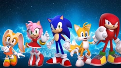 Size: 1920x1080 | Tagged: safe, artist:soniclover82, amy rose, cream the rabbit, knuckles the echidna, miles "tails" prower, sonic the hedgehog, echidna, fox, hedgehog, rabbit, clothes, cute, dress, female, group, happy, looking at viewer, male, waving, waving at viewer