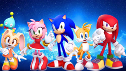 Size: 1192x670 | Tagged: safe, artist:soniclover82, amy rose, cheese (chao), cream the rabbit, knuckles the echidna, miles "tails" prower, sonic the hedgehog, chao, echidna, fox, hedgehog, rabbit, clothes, cute, dress, female, group, happy, looking at viewer, male, waving, waving at viewer