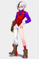 Size: 512x768 | Tagged: safe, ai art, dr. starline, human, asymmetrical clothes, asymmetrical footwear, asymmetrical legwear, boots, glasses, humanized, male, orange eyes, shirt, shorts, single glove, single pantsleg, single sock, vest, white hair