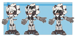 Size: 1613x801 | Tagged: safe, artist:sonictchi, oc, oc:killia the hedgehog, hedgehog, 2017, belt, bracelet, claws, clothes, eyewear on head, flat colors, frown, fur markings, gilet, gloves, looking at viewer, male, oc only, outline, shoes, solo, solo male, standing, sunglasses