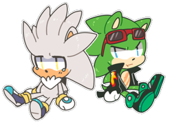 Size: 497x363 | Tagged: safe, artist:sonictchi, scourge the hedgehog, silver the hedgehog, hedgehog, 2014, boots, chibi, crying, cute, duo, duo male, eyewear on head, frown, gloves, jacket, male, males only, outline, pout, scourgabetes, shoes, silvabetes, simple background, sitting, sunglasses, tears, transparent background