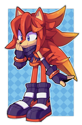 Size: 690x1047 | Tagged: safe, artist:sonictchi, oc, oc:lance the hedgehog, hedgehog, 2017, abstract background, bending over, boots, clothes, cute, fingerless gloves, fur markings, gloves, looking offscreen, male, oc only, ocbetes, outline, shirt, smile, solo, solo focus, standing