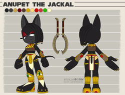 Size: 2585x1950 | Tagged: safe, artist:windstarosprey, oc, oc:anupet the jackal, jackal, 2025, character name, clothes, female, lidded eyes, oc only, reference sheet, smile, solo, solo female, text